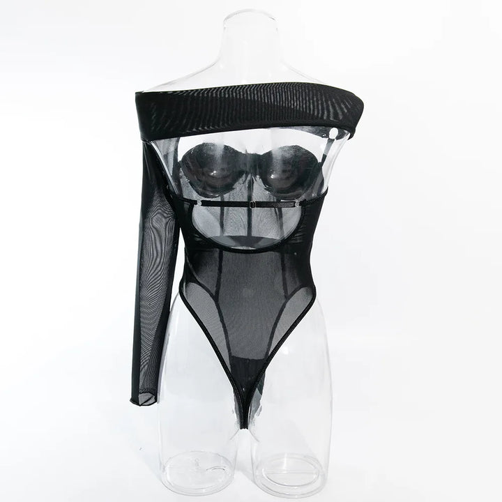 Lady Sexy Single Shoulder Sleeve Shapewear Chest Gathered Cotton Splicing Mesh Underwear Women's Black Hollow Backless Jumpsuit