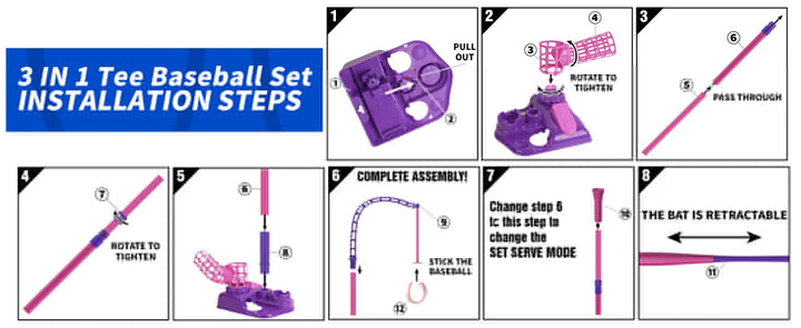 VATOS 3-in-1 T Ball Sets Kids Toy with 6pcs Baseballs Stand Hanging Tee Auto Ball Launcher Retractable Bat Sports for Boys Girls