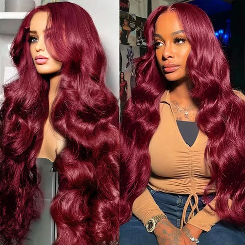 99j burgundy 13x6 Lace Front Human Hair 200 Density Body Wave 36 Inch Red Colored Lace Frontal Wigs Brazilian For Women