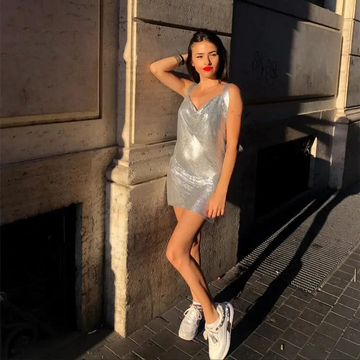 Glitter Metal Sequins Mini Dress Women Sexy Deep V Neck Backless Side Split Dress Rave Festival Nightclub Party Evening Dresses