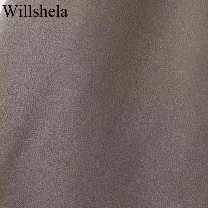 Willshela Women Fashion Two Piece Set Brown Pleated Halter Neck Tops & Straight Pants Vintage Female Chic Lady Pants Suit