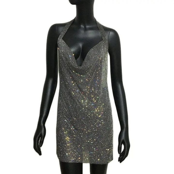 Bling Rhinestone Backless Dress Sexy Deep V Neck Sleeveless Side Split Halter Dress Nightclub Party Evening Dresses