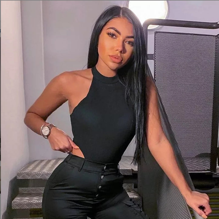 Female Solid Sleeveless Bodysuits Sexy Women Halter Bodysuits High Cut Bodycon Leotard Tops Summer Fashion Bottomed Tops