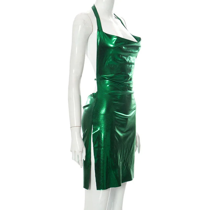 BKLD Women Clothing 2024 Spring New Solid Color Sexy Bronzing  Sparkle Dress Backless Split Halter Neck Short Dress Clubwear