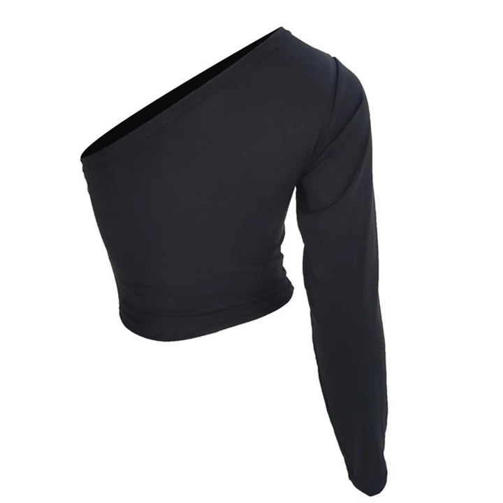 CDJLFH Sexy One Shoulder Crop Top T Shirt Women Diagonal Collar Long Sleeve Tshirt Casual Basic White Slim Fit Bodycon Tees Tops