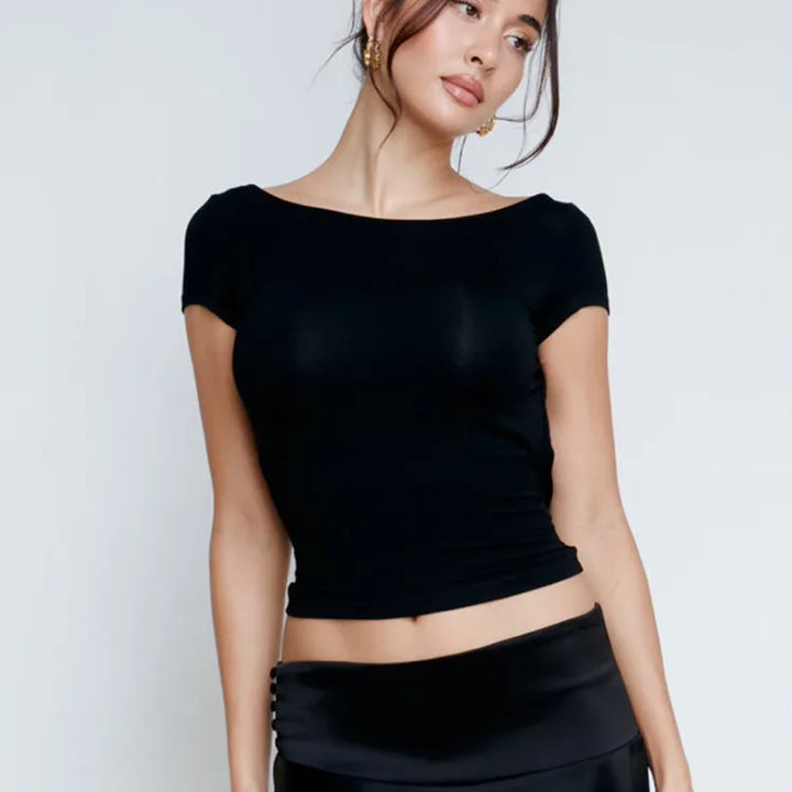 Hugcitar 2024 Spring Short Sleeve Backless Transparent Slip Sexy Slim Crop T-Shirt Top Women Fashion Clothes Vacation Nightclub