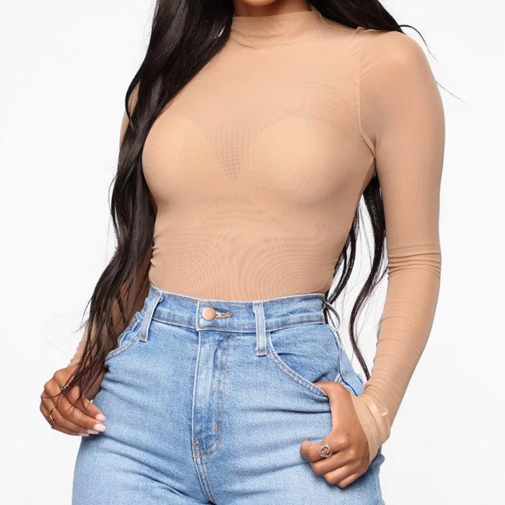 Bodysuits High Neck Bodycon Jumpsuit See Through Romper Black Beige NEW Sexy Mesh See Through Bodysuit Women Long Sleeve Sheer