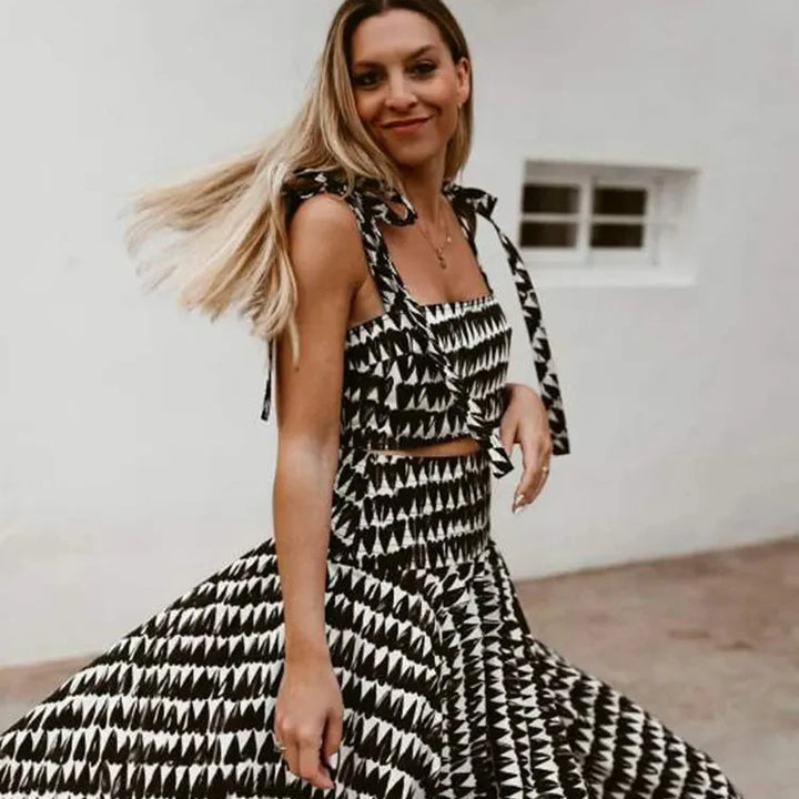 TRAFZA Women Fashion Print Sets Sexy Backless Sleeveless Slim Corset Lace Up Crop Top Female Elegant A-line Pleated Midi Skirts