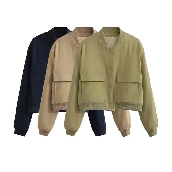 TRZA Women Fashion With Pockets Bomber Jacket Coats Vintage Long Sleeve Front Button Casual Female Outerwear Chic Tops