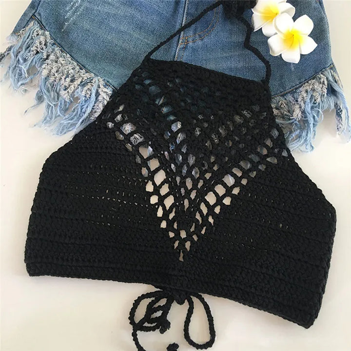 1X Women Summer Short Vest Sexy Hollow Out Plain White Halter Vest Strap Crop Tops Crochet Bikini Tank Tops Shirt