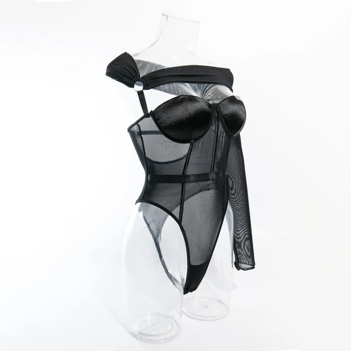 Yimunancy Classic Long Sleeve Backless Bodysuit Women One Shoulder Padded Bodysuit Black Skinny Mesh Body Femme Streetwear