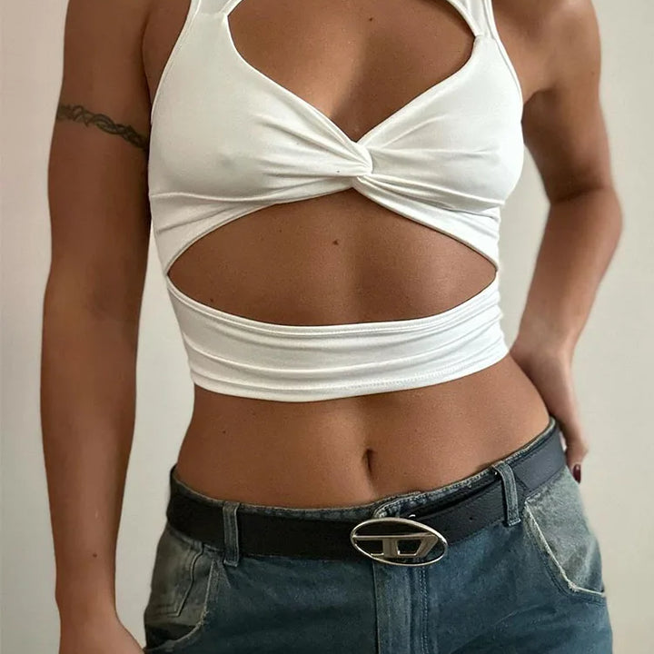 Y2K Women's Clothing goth style Irregular sleeveless hollow out vest half high collar and solid color exposed belly button top