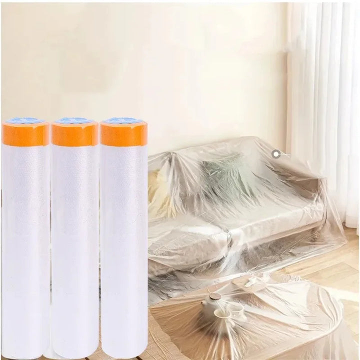 10/30m Disposable Cuttable Dust Film Self-adhesive Dustproof Film Plastic Paint Drop Cloth Sheeting Roll Pre-Taped Masking Films
