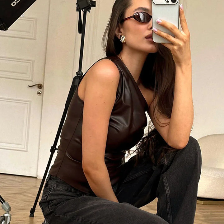 2024 Fall Snd Winter New Pure Color Slim Sleeveless One-Shoulder Slanting Collar Zipper Show Thin Jacket