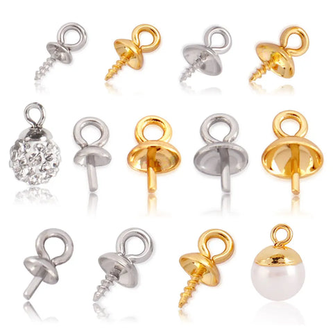 30PCS DIY Stainless Steel Cup Pearl Screw Eye Pins for Jewelry Making Findings End Caps Peg Bails Screw Eyelet Pin Hooks Eyelets