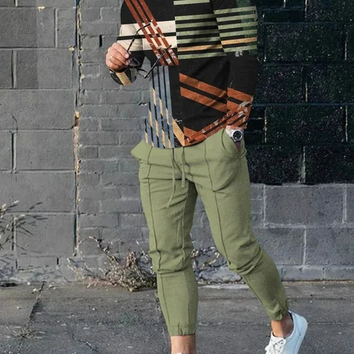 Men's Long Sleeve T-shirts and Pants Two Piece Colour Geometry Fashion 3D Printed Men's Sets Casual Suit nike tech fleece