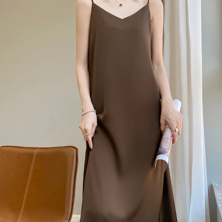 Silk High-Grade Dress New Spring/Summer Sleeveless V-Neck Dress Vest Slip Skirt Silk White With High-Grade Temperament RW D13