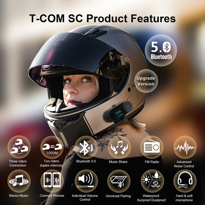 Freedconn T Com SC Bluetooth Motorcycle Intercom Helmet Headset Wireless Communication Interphone BT 5.0 Music Share 6Riders FM