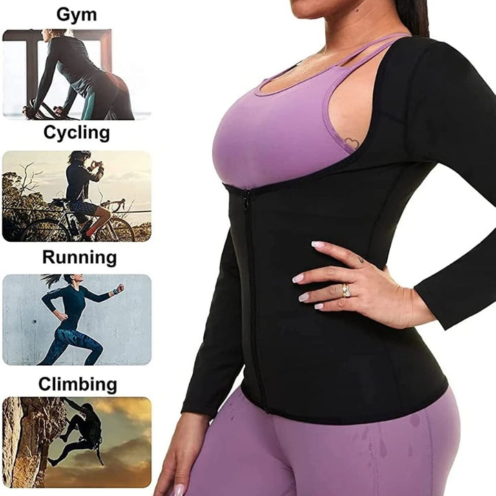 Qtree Sauna Suit Shirt for Women Weight Loss Sweat Jacket Long Sleeve Slimming Body Shaper Fitness Zipper Workout Waist Trainer