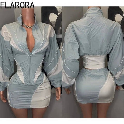 FLARORA Fashion Patchwork 2Pcs Sets Woman Long Sleeve Zipper Irregular Crop Jacket And Skinny Mini Skirts Streetwear Outfits New