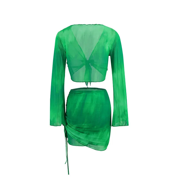 Fashion V-Neck Flare Sleeve Tie Dye Tops Mini Skirt Suit Women Mesh Tees Lace Up Skirts New Summer Female 2 Piece Set Outfits