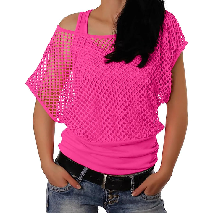 Women Shirts 80s Neon Fishnet Mesh Top Off Shoulder Tops For Women Tight Sexy Sleeveless Neckless Slim Casaul Top