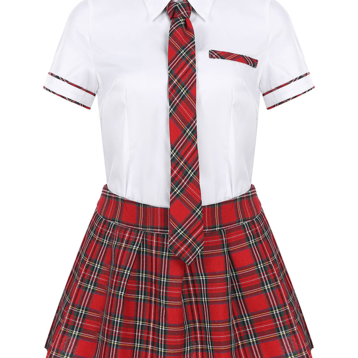 Women School Girls Uniform Set Cosplay Costume Tie Top Shirt with Plaid Skirt Cheerleader Uniform Cheerleading Costume