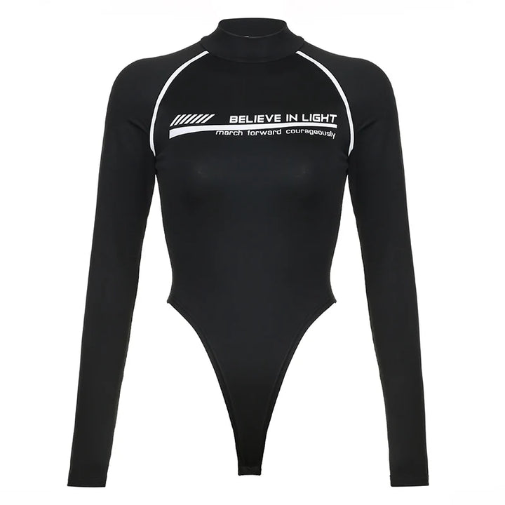Rockmore Fashion Bodysuits Women Streetwear Print Jumpsuit Female Moto Biker Workout Long Sleeve Body Tops Casual Rompers Mujer
