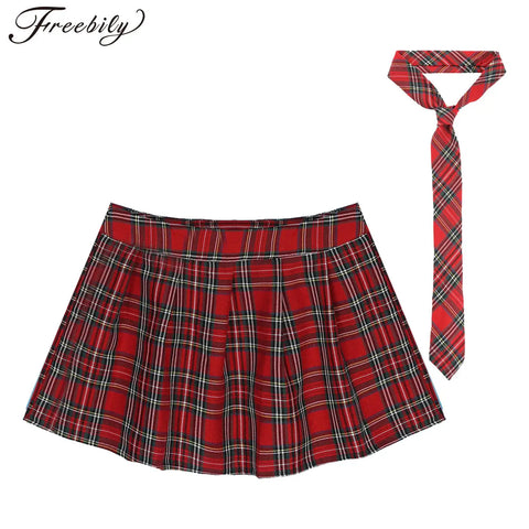 High Waist Plaid Pleated Skirt With Necktie Sexy Club Outfits for Women Summer Party Harajuku E Girl Preppy A-line Mini Skirts