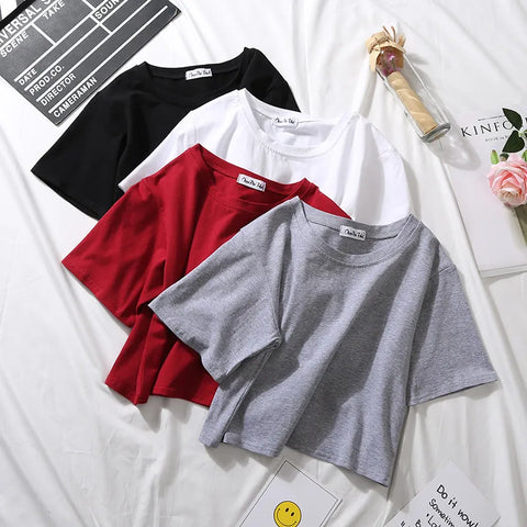 2024 Summer Short Sleeve T Shirts Women Cotton Solid T-shirt O Neck High Waist Crop Top Tee Female Casual Loose T Shirt