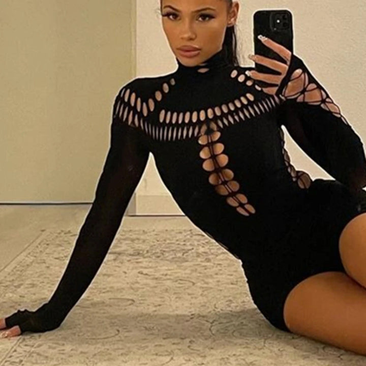 Candyhot Sexy Hollow Out High Collar Bodysuit Bodycon Y2K Long Sleeves Fashion T Shirts Women Gothic Punk Streetwear Bodysuits