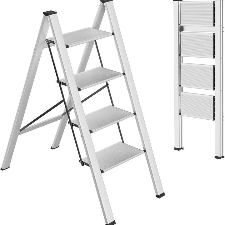 Aluminium 3-4 Step Ladder with Wide Steps Lightweight Folding Ladder Portable Slim Step Stool Safety Household Ladder Stepladder