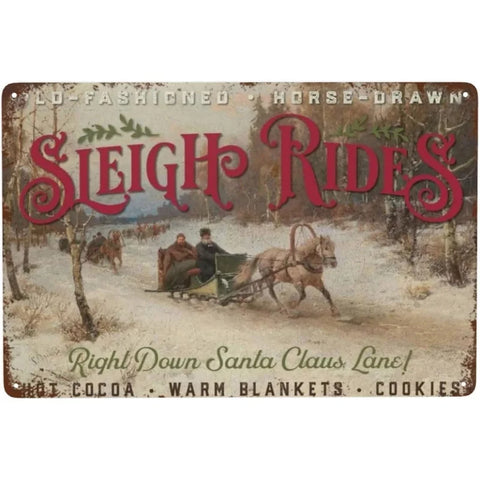 Horse Drawn Sleigh Rides Vintage Oil Painting Christmas Vintage Metal Signs Novelty Wall Decor Poster for Home Kitchen Garden