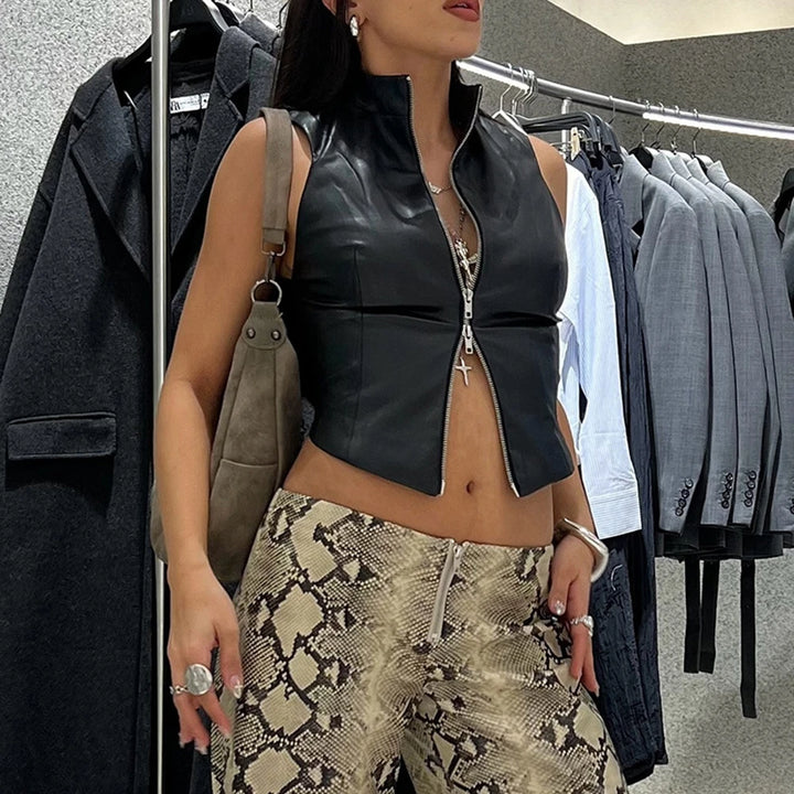 Fashionable Temperament Solid Color PU Leather Splicing Stand Up Collar Sexy Backless Zipper Exposed Navel Slim Fit Vest
