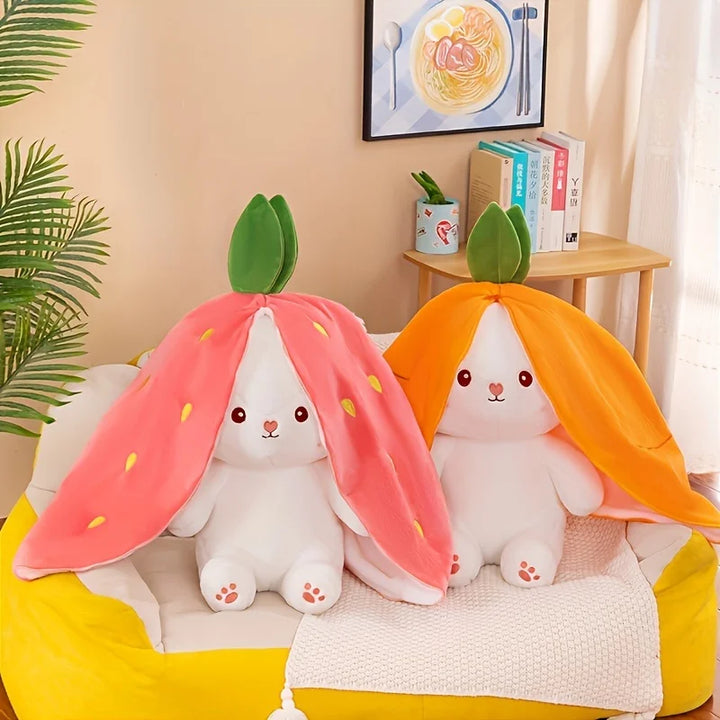 Bunny Stuffed Animal,Reversible Carrot Strawberry Bunny Plush Doll With Zipper Cute Soft Rabbit Toys Pillow Decoration