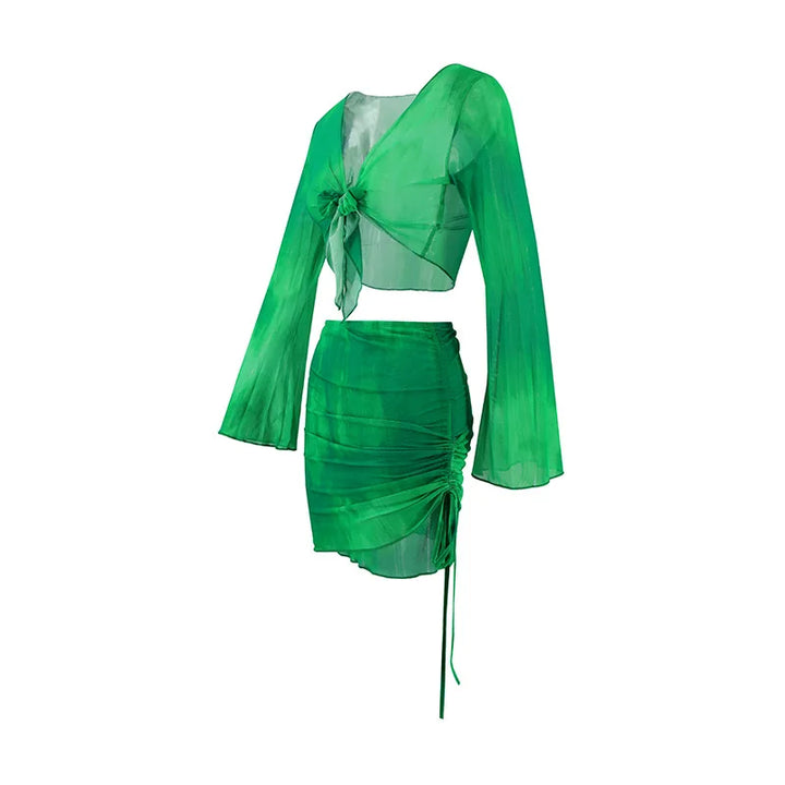 Fashion V-Neck Flare Sleeve Tie Dye Tops Mini Skirt Suit Women Mesh Tees Lace Up Skirts New Summer Female 2 Piece Set Outfits