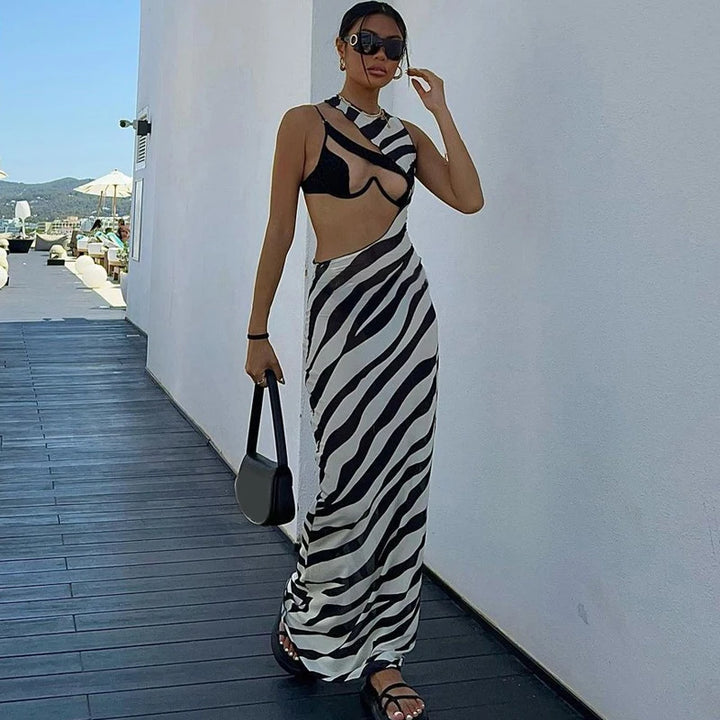 DGLUKE Zebra Long Beach Dress Cover-Up Sexy Transparent Mesh Maxi Dress Cut Out Bodycon Summer Holiday Vacation Dress Women 2024