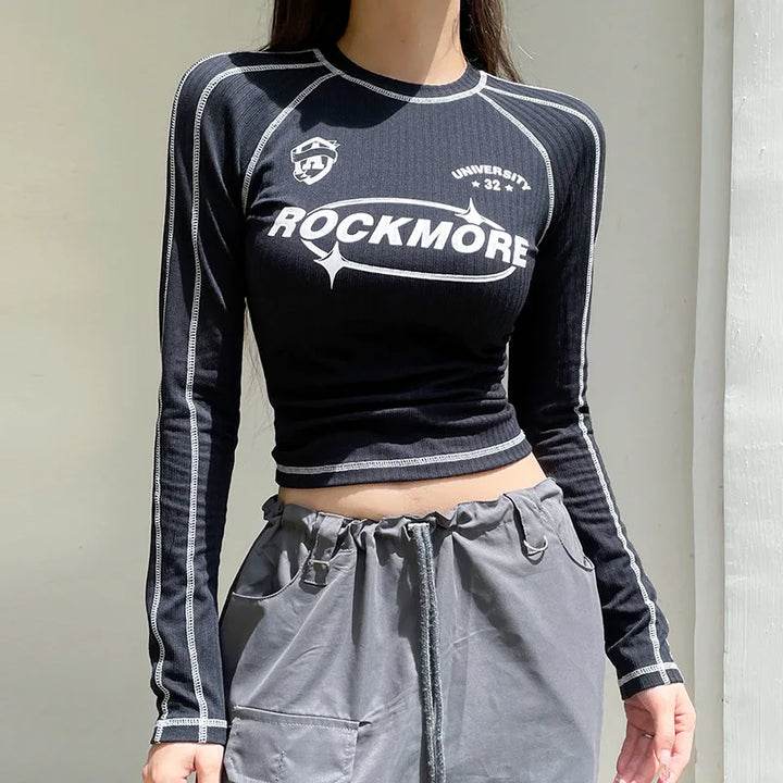 Black Sexy Women's Tees Autumn Fashion New Streetwear Bodycon Casual Basic T-shirt Female Long Sleeves Print O-Neck Y2K Crop Top