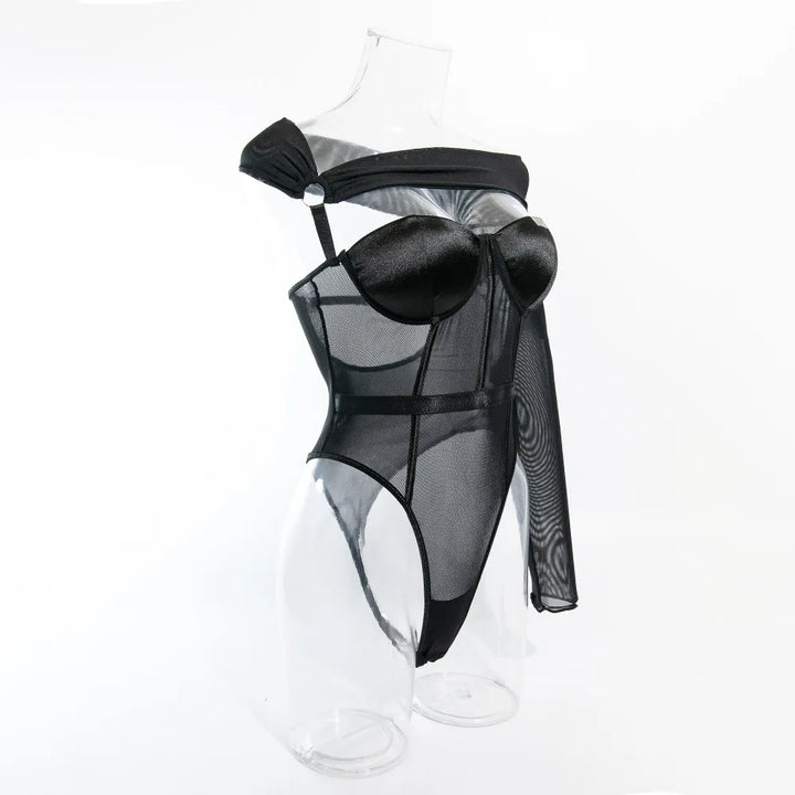Lady Sexy Single Shoulder Sleeve Shapewear Chest Gathered Cotton Splicing Mesh Underwear Women's Black Hollow Backless Jumpsuit