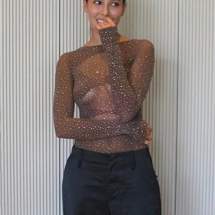 Fantoye Sexy Mesh Transparent Long Sleeve Skinny High Stretch Hollow Out Solid Thin Female Bodysuit Club Wear New Hot
