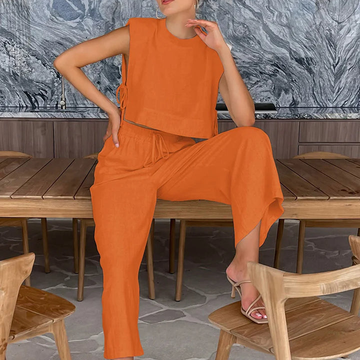 Spring Summer 2025 Women Holiday Linen Pant Set Crop Tops Solid Outfits 2 Two Piece Matching Set For Women