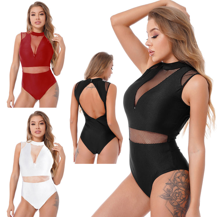 Ballet Dance Leotard Womens Adult Mesh Splice Gymnastics Bodysuit Dancewear One-Piece Backless Training Costume