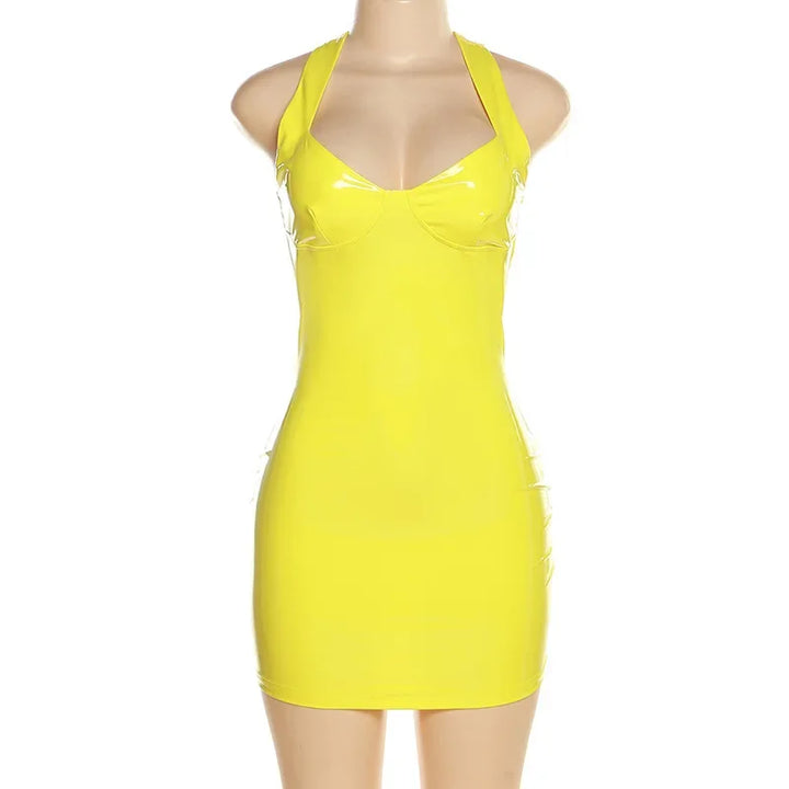 Sexy Womens Bodycon Yellow Mini Dresses Sleeveless Patent Leather Latex Tank Dresses Rave Party Night Club Costume