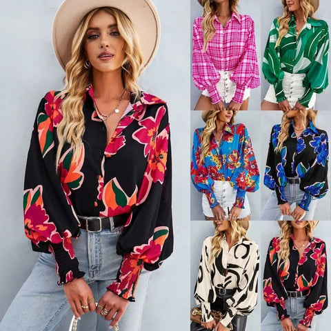 Fashionable Long Sleeve Printed Versatile Shirt For Women Autumn European And American Style Commuting Top With Button