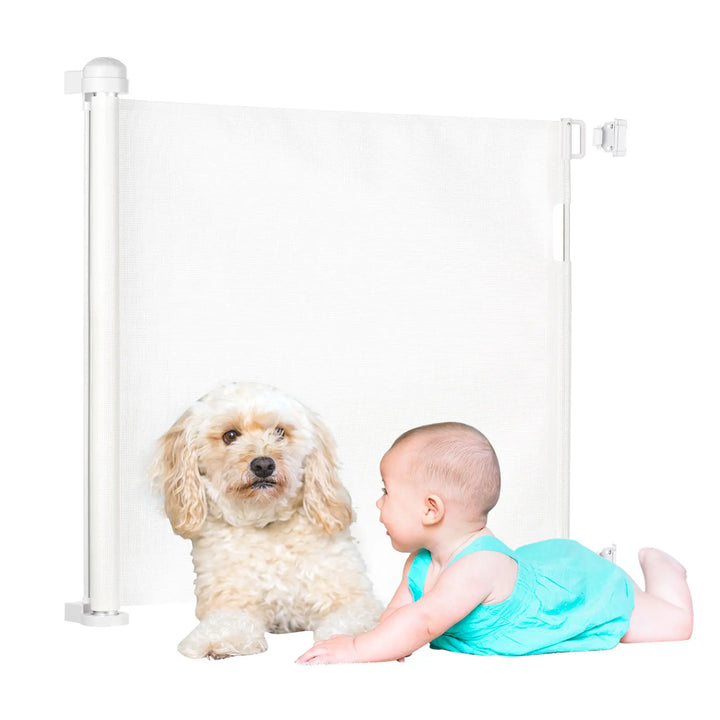 Retractable Pet Dog Mesh Fence Baby Safety Gate 34 inch Tall Extends to 61 inch Wide Indoor Outdoor Baby Gate Safety Barrier