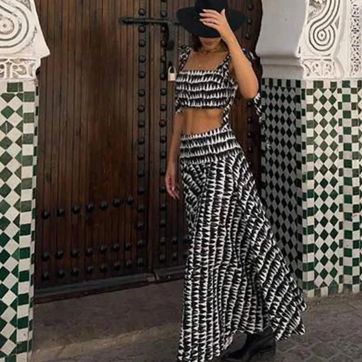 TRAFZA Women Fashion Print Sets Sexy Backless Sleeveless Slim Corset Lace Up Crop Top Female Elegant A-line Pleated Midi Skirts