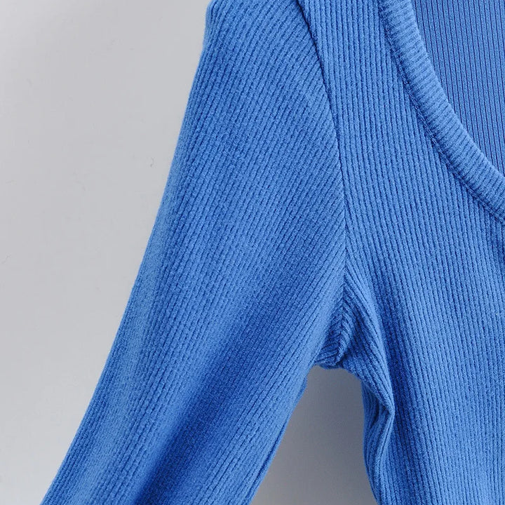 Slim V-neck Long Sleeve Bottomed Womens Tops And Blouses High Street Solid Color Open Navel Cardigan