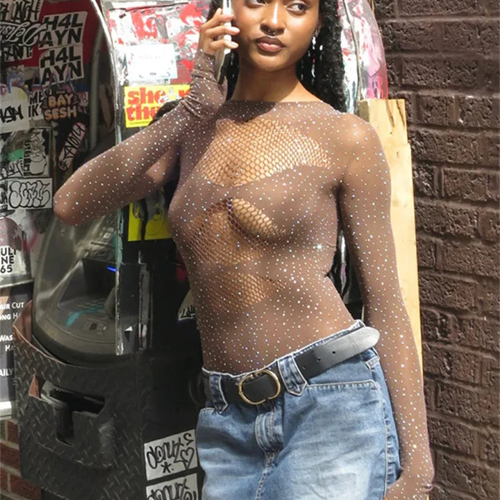 Fantoye Sexy Mesh Transparent Long Sleeve Skinny High Stretch Hollow Out Solid Thin Female Bodysuit Club Wear New Hot