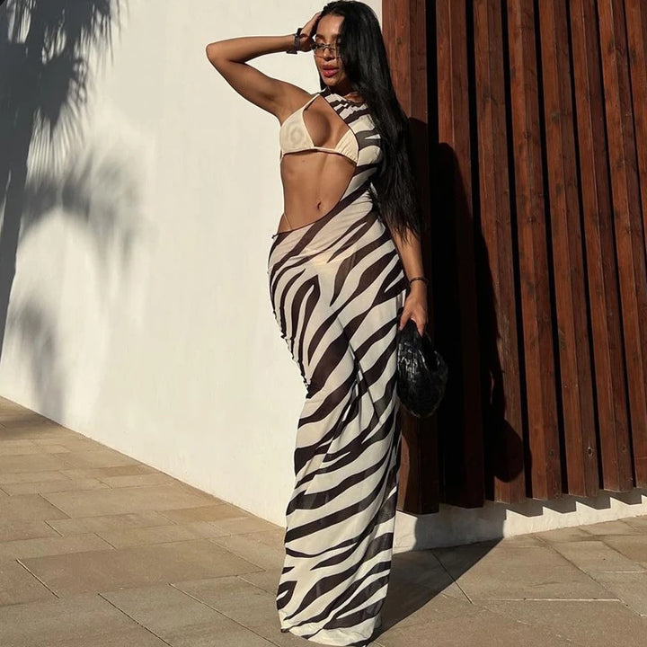 DGLUKE Zebra Long Beach Dress Cover-Up Sexy Transparent Mesh Maxi Dress Cut Out Bodycon Summer Holiday Vacation Dress Women 2024