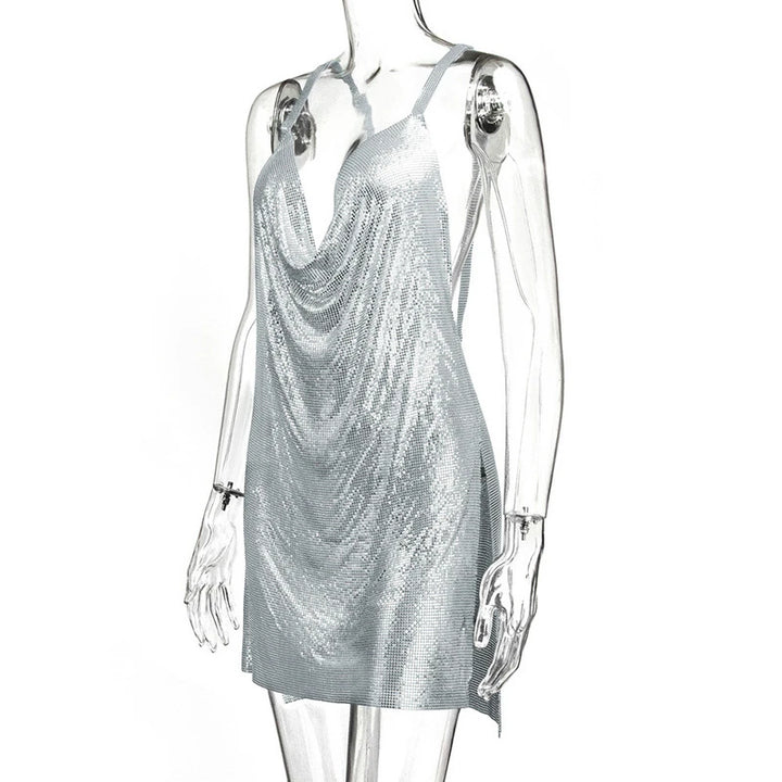 90s Rave Outfit Glitter V-Neck Lace Up Sequins Dress Y2K Clubwear Sexy Backless Bodycon Metal Mini Dress Party Cloth Vestidos